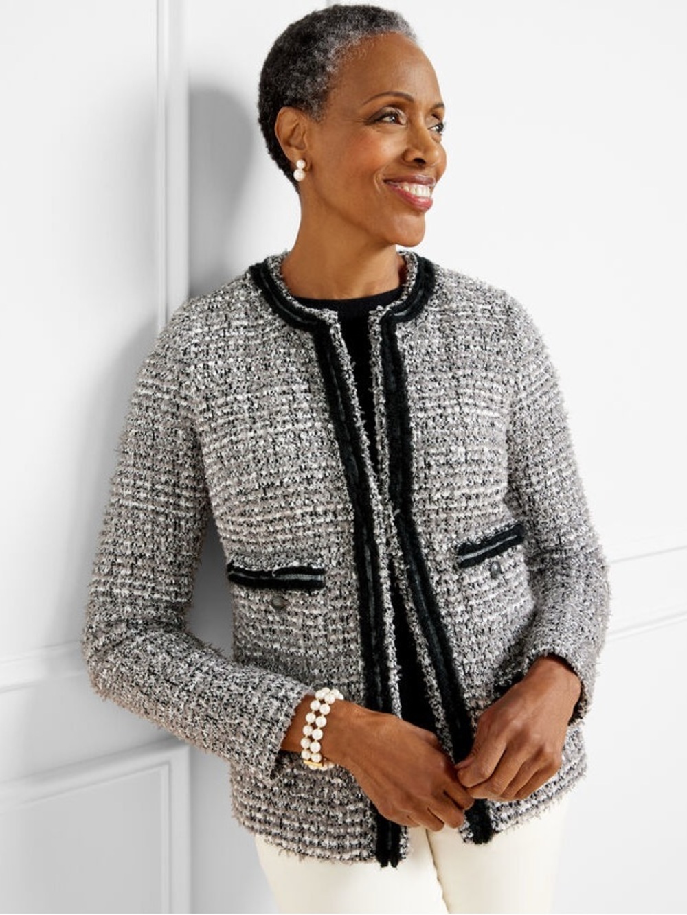 Talbots Twinkling Tweed Knit Jacket Fringe Trim Black White Silver Size 4 NWT